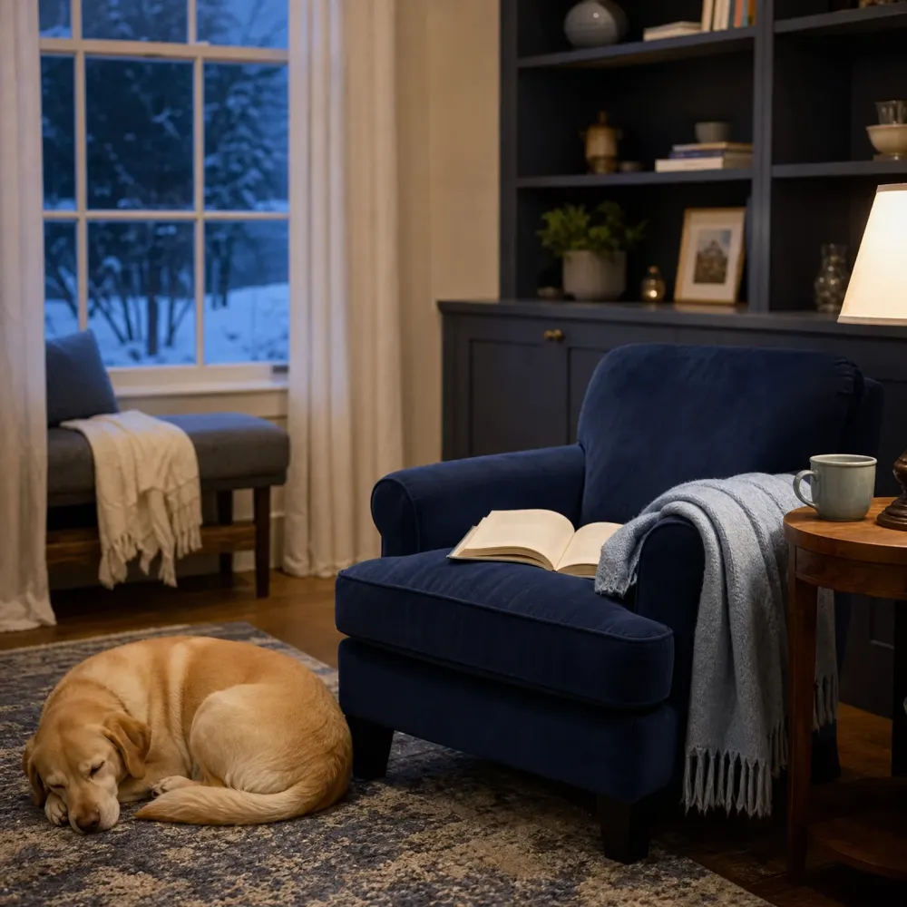 A navy upholstered armchair with an open book and gray knit throw sits on a patterned rug beside a lit lamp and side table with a mug, while a yellow dog sleeps curled on the rug and a snowy scene is visible through a window.