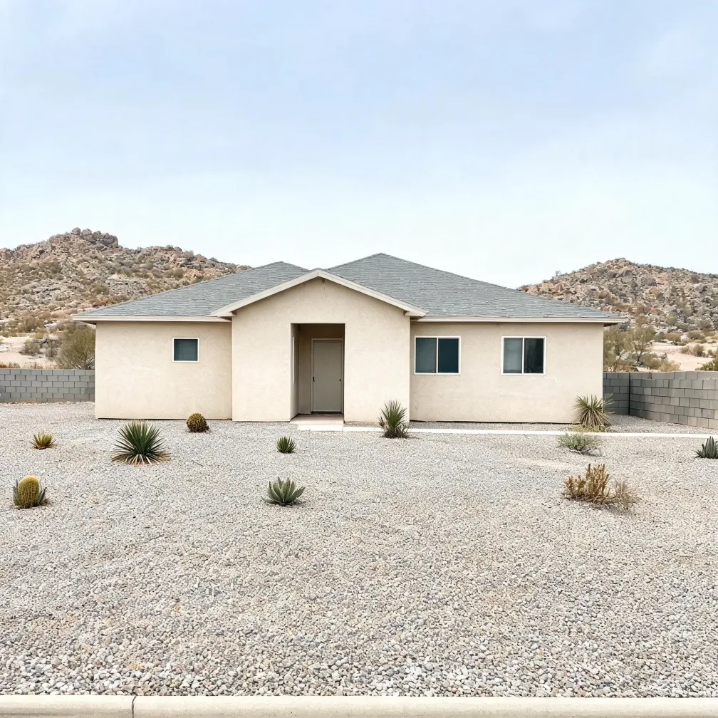 A single-story beige stucco house with a gray shingled hip roof and a recessed entry, fronted by a gravel yard with small agave and cactus plants, with a block wall and rocky hills behind.