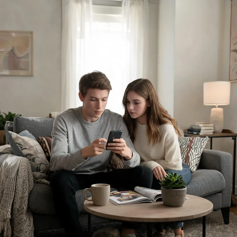 A young man and woman sit together on a gray sofa in a living room, both looking at a smartphone he is holding, with a coffee table holding a mug, an open magazine, and a potted succulent in front of them.