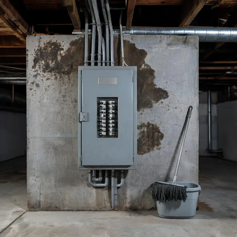 A gray electrical panel with its door open showing rows of circuit breakers, mounted on a stained concrete basement wall with conduits running to exposed wood joists above, and a mop resting in a gray bucket on the floor to the right.