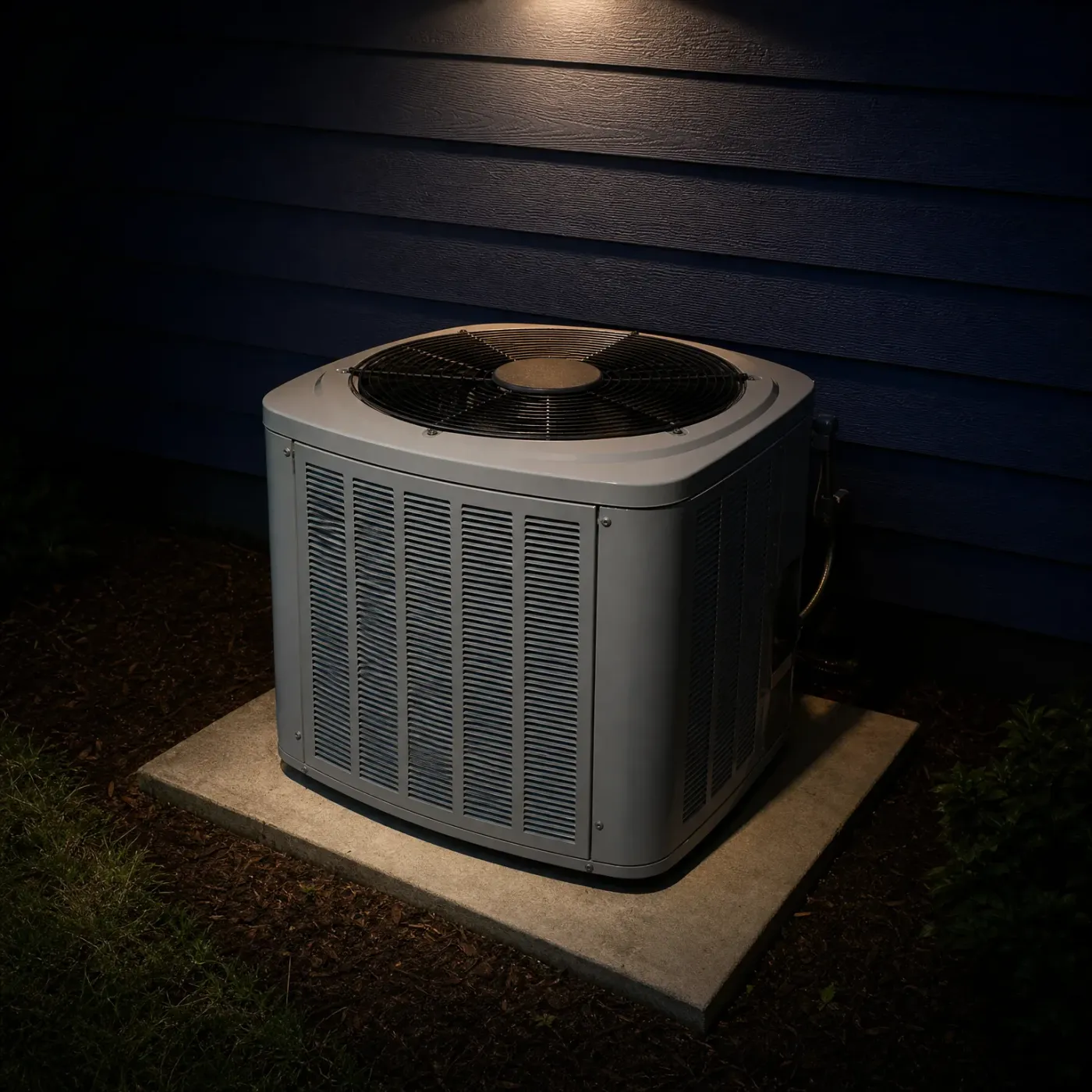 A gray outdoor condenser unit with a top-mounted fan sits on a concrete pad beside a dark blue horizontal lap-sided wall, lit from above at night.