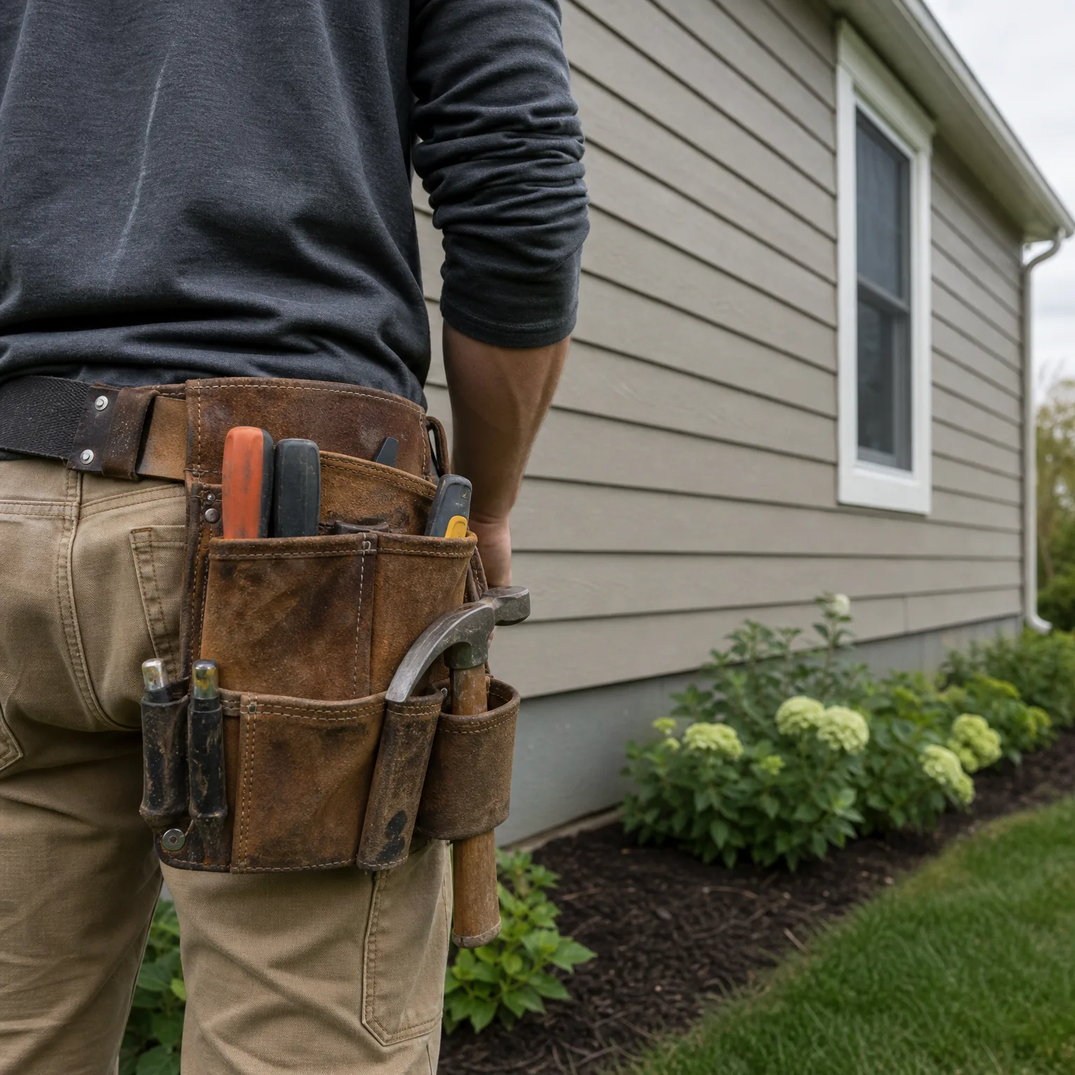 Close-up of a person from behind wearing a dark long-sleeved shirt, tan work pants and a worn leather tool belt holding screwdrivers and a hammer, standing beside a house with horizontal lap siding, a white-trimmed window, and flowering shrubs in a mulched bed next to a lawn.
