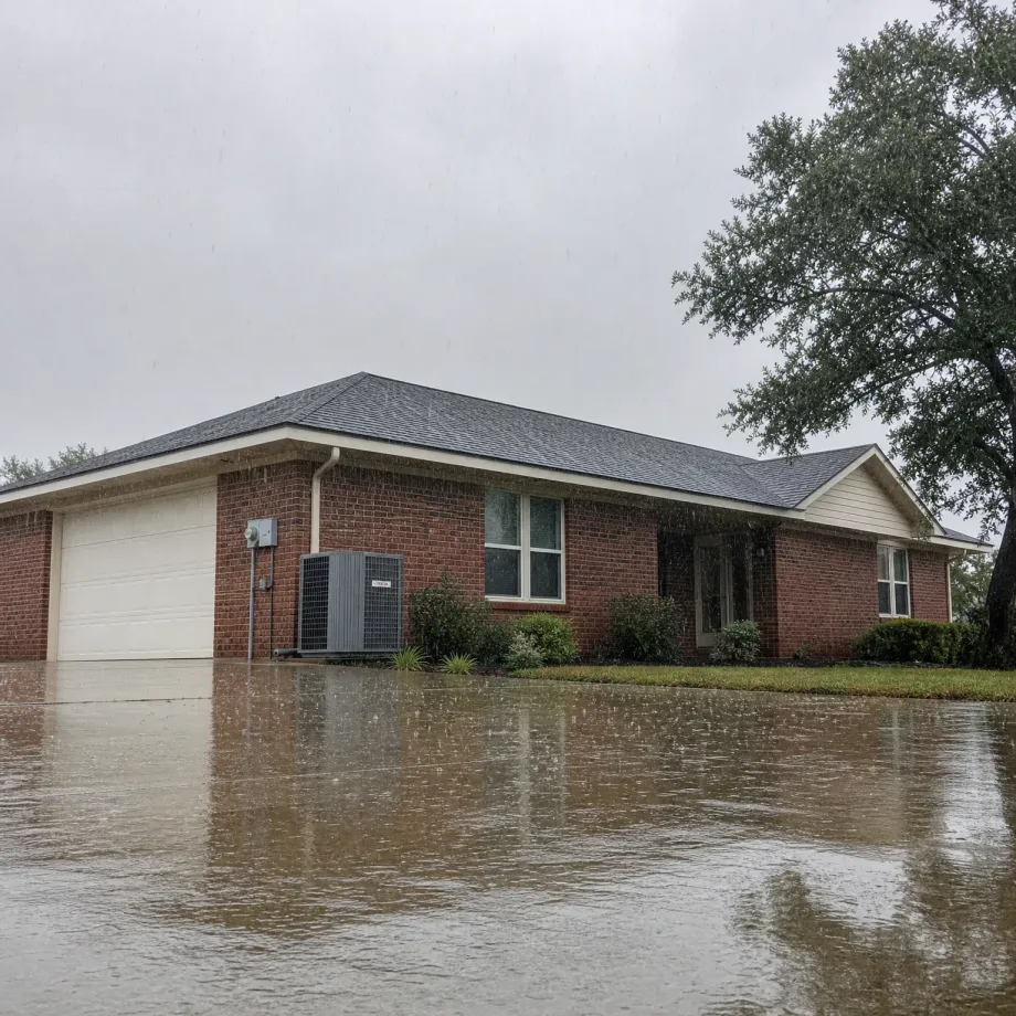 A single-story red brick house with an attached two-car garage, gray shingle roof, and outdoor air conditioning unit, seen during rain with water pooling across the driveway and street under an overcast sky.