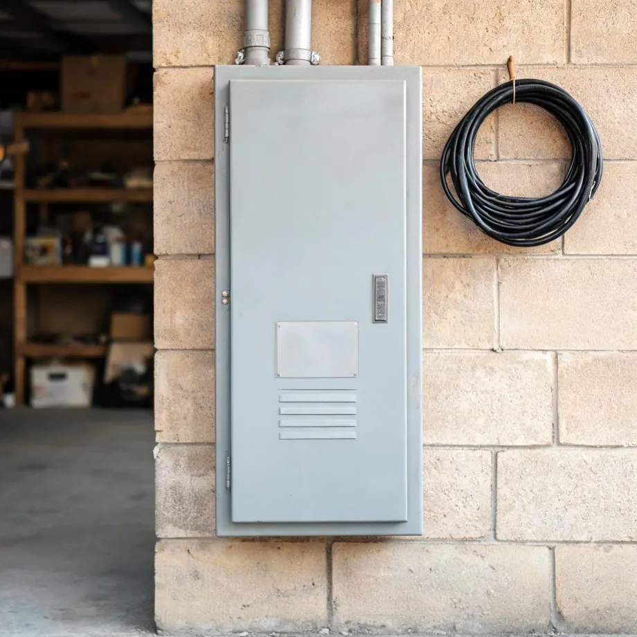 A gray metal electrical panel with conduits entering the top is mounted on a concrete block wall, with a coiled black cable hanging beside it and a shelving unit in the dim background.