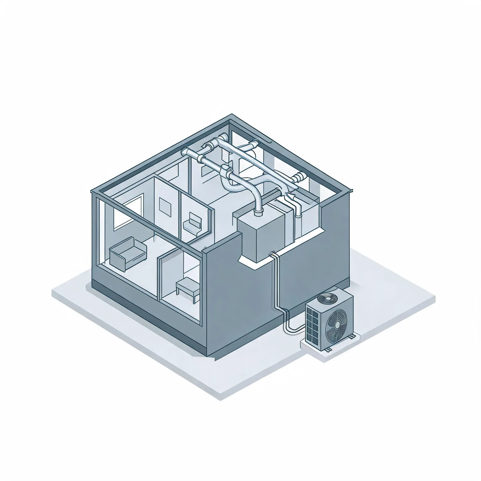 Isometric line illustration of a cutaway house showing interior rooms with furniture, ceiling ductwork connected to an indoor air handler, and refrigerant lines running to an outdoor condenser unit on a pad.