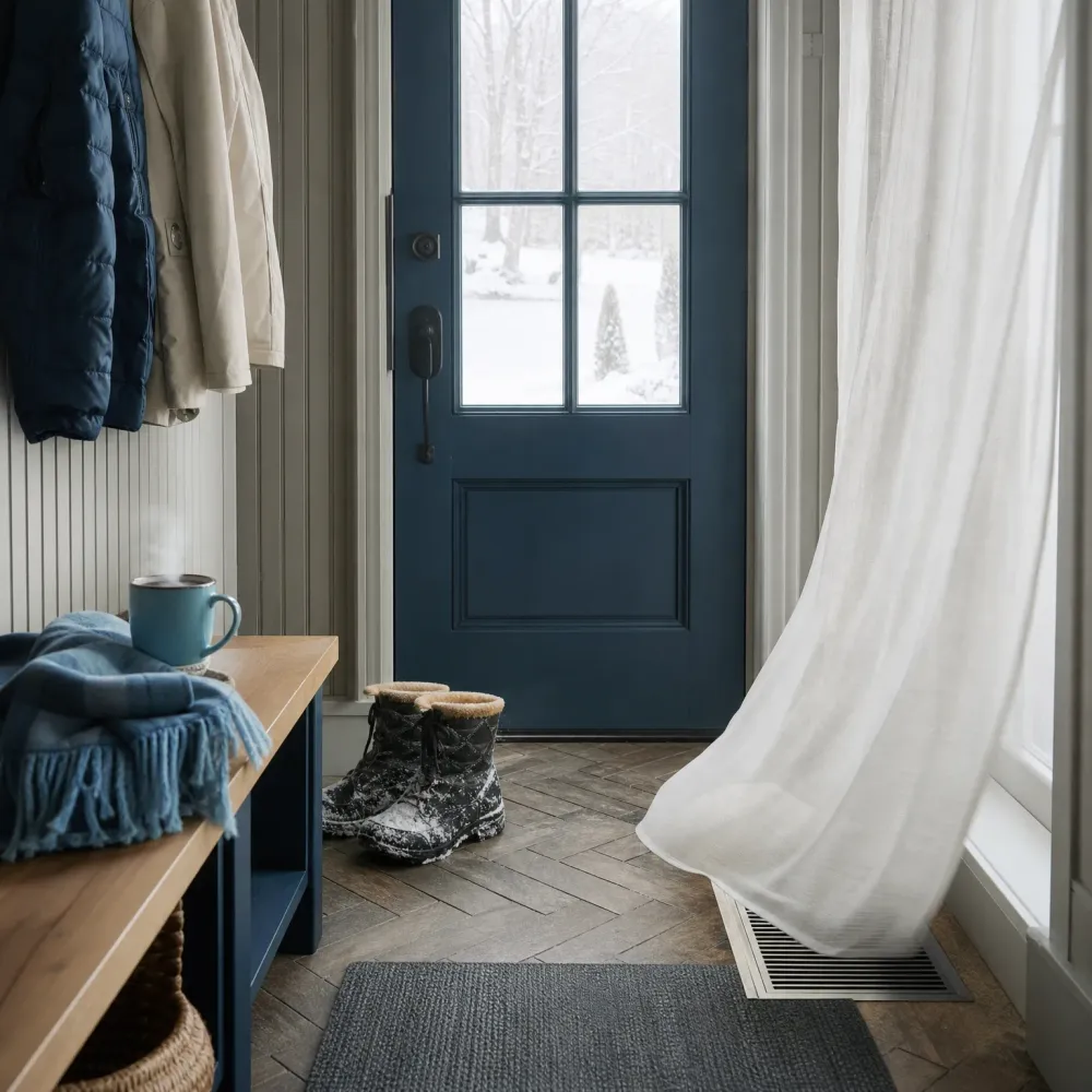 Entryway with a navy glass-paned door showing snow outside, snow-dusted boots on herringbone wood floor, a wooden bench with blue throw and steaming mug, hanging coats, a sheer white curtain, and a floor air vent.