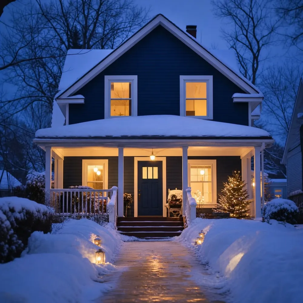 A dark blue two-story house with a white-trimmed covered porch at dusk, with lit windows, a small lit tree, lanterns along a shoveled walkway, and deep snow on the roof and yard.