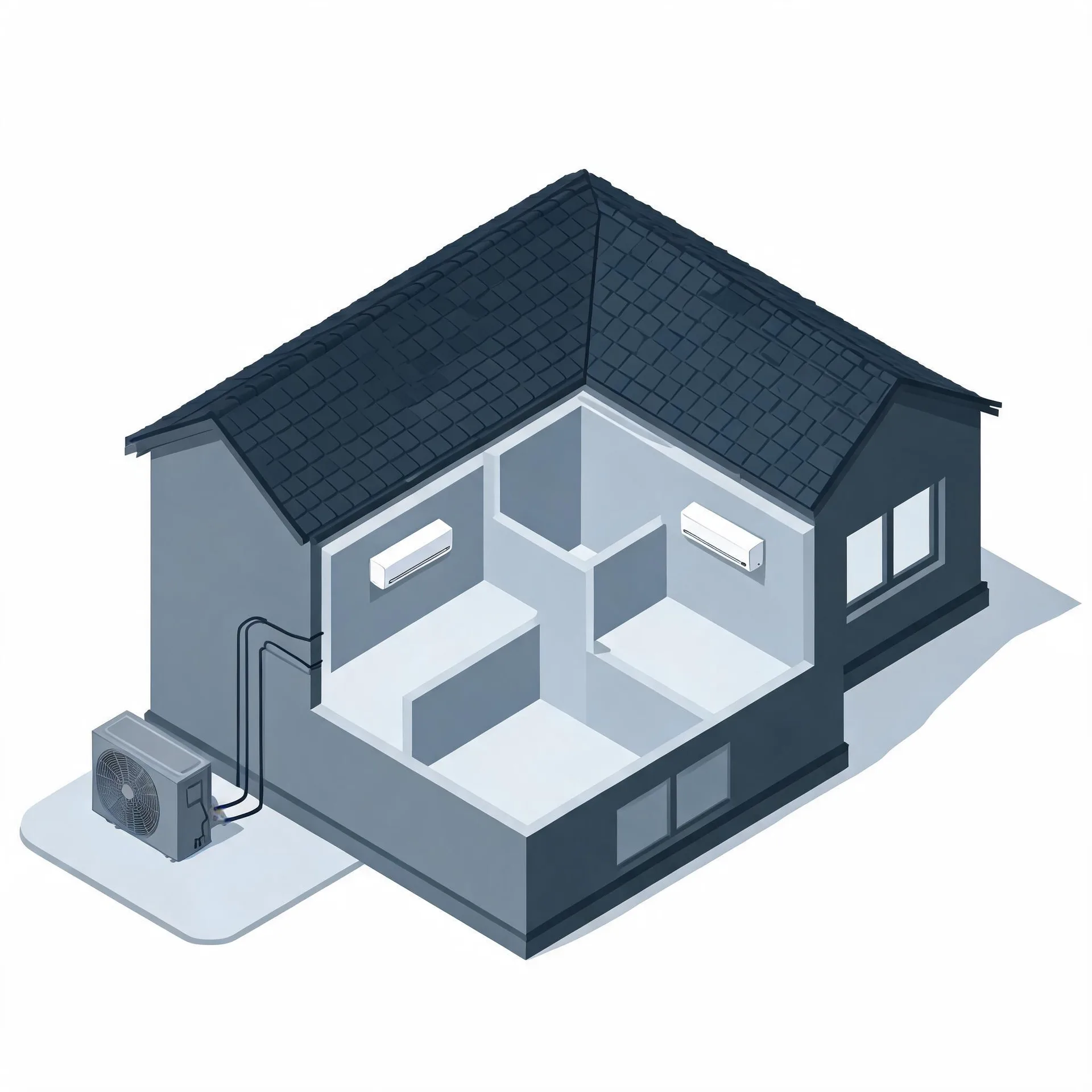 Isometric illustration of a cutaway single-story house with a dark shingled roof, showing two wall-mounted indoor air conditioning units connected by lines to an outdoor condenser unit on a pad beside the building.