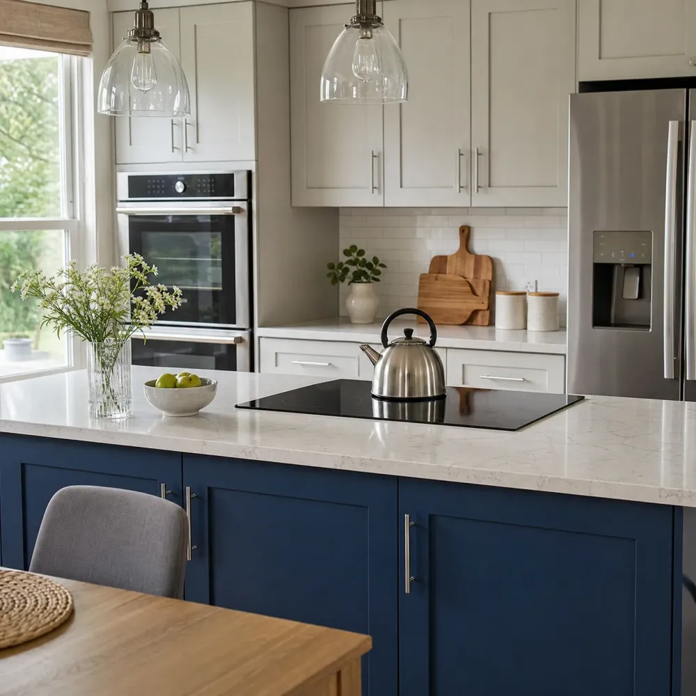 Kitchen with a navy blue island topped by light stone counter holding an induction cooktop and stainless kettle, with white upper cabinets, wall oven, stainless refrigerator, glass pendant lights and a window with greenery outside.
