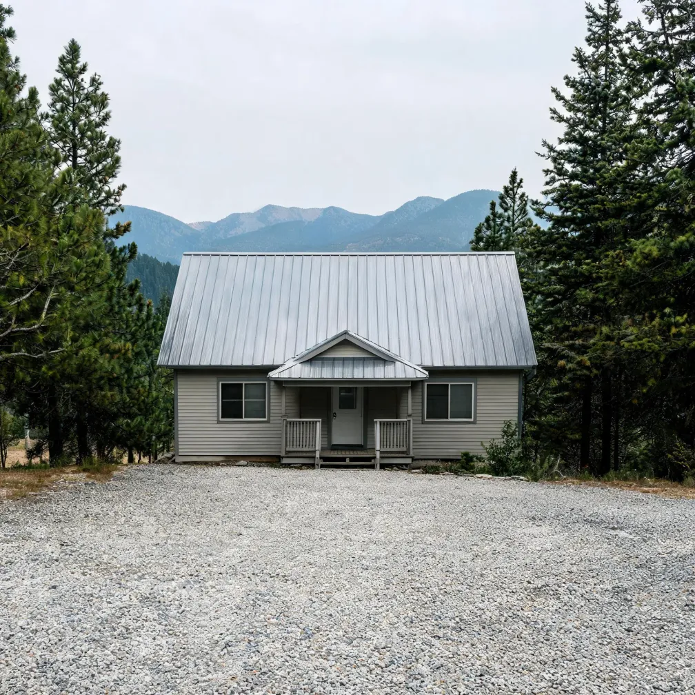 A single-story gray house with a metal gable roof and small covered porch, fronted by a wide gravel lot, flanked by conifers, with forested mountains under an overcast sky behind.