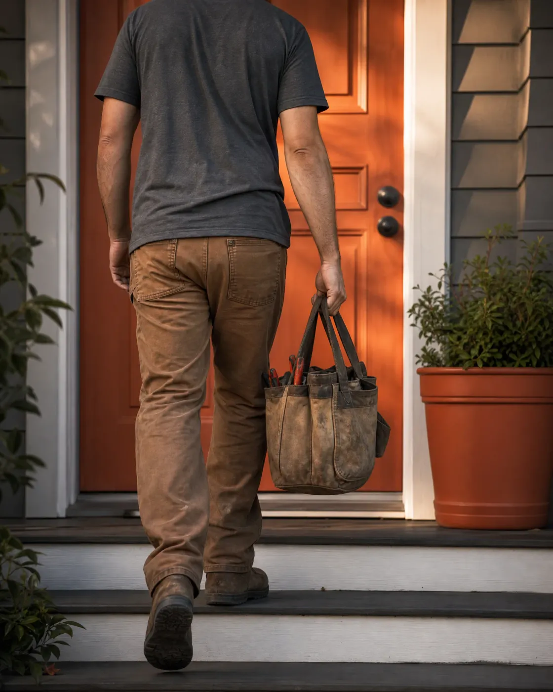A man in a dark gray t-shirt and brown work pants, seen from behind, carries a worn leather tool bag up wooden porch steps toward an orange front door.