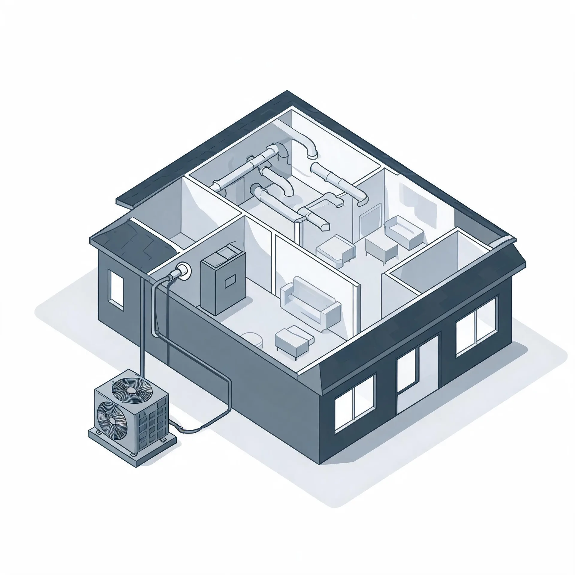 Isometric line illustration of a cutaway single-story house showing interior rooms, ceiling ductwork and an indoor air handler, connected by a line to an outdoor condenser unit on a pad beside the building.
