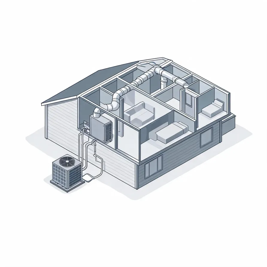 Isometric line illustration of a cutaway house showing interior rooms with furniture, ceiling ductwork, an indoor air handler, and an outdoor condenser unit connected by lines.