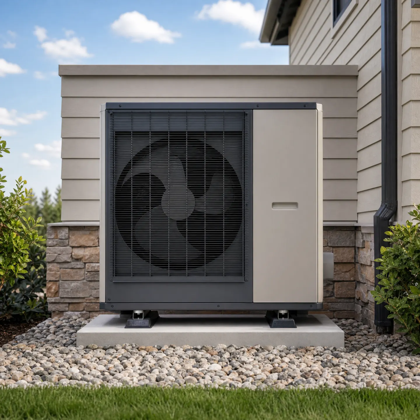 A gray heat pump outdoor unit mounted on a concrete pad next to the stone-accented exterior wall of a house.