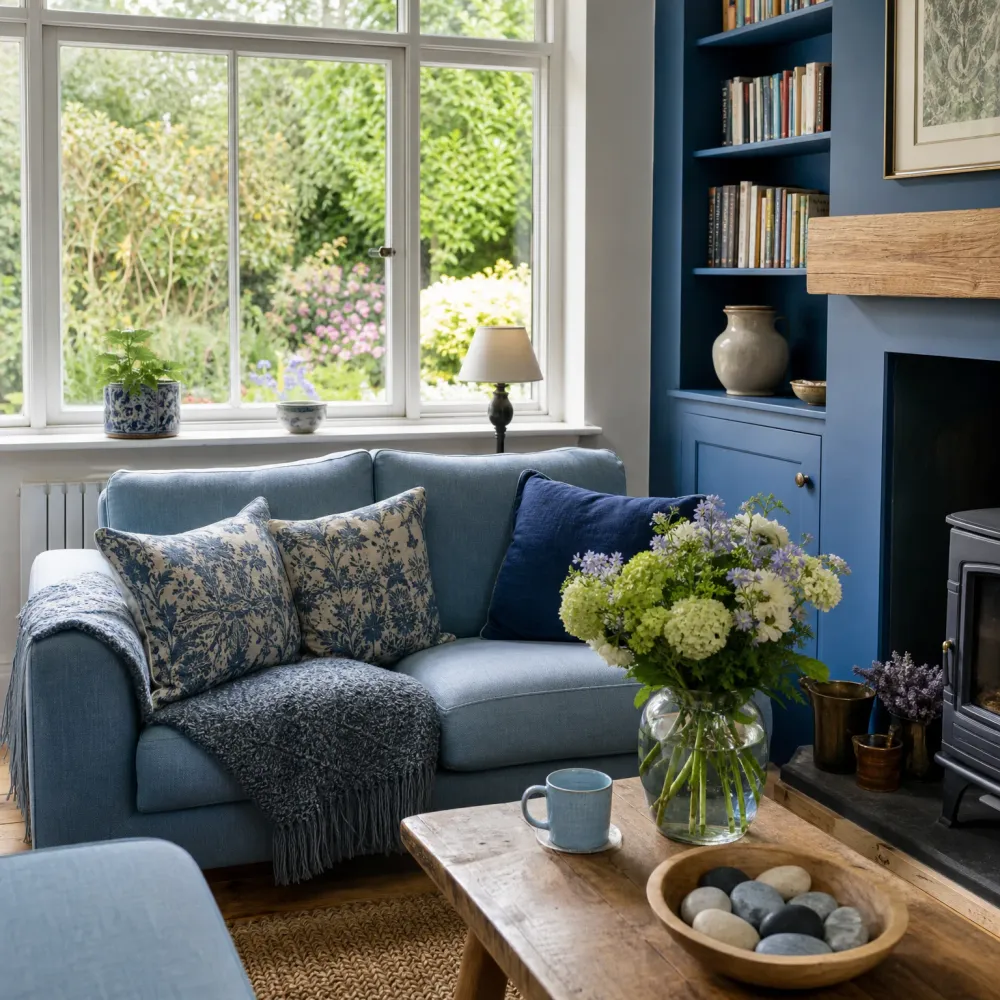 Living room with a light blue sofa holding patterned cushions and a grey fringed throw, a wooden coffee table with a vase of white and green flowers, a mug and a bowl of pebbles, blue built-in shelving with books beside a wood-burning stove, and a white-framed window looking onto a garden.