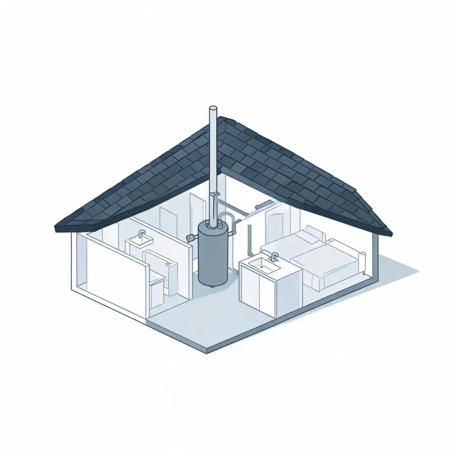 Isometric line illustration of a cutaway house with a dark tiled roof, showing interior rooms with a bed, sinks and a bathroom, and a central cylindrical water heater connected to a tall vertical flue pipe through the roof.
