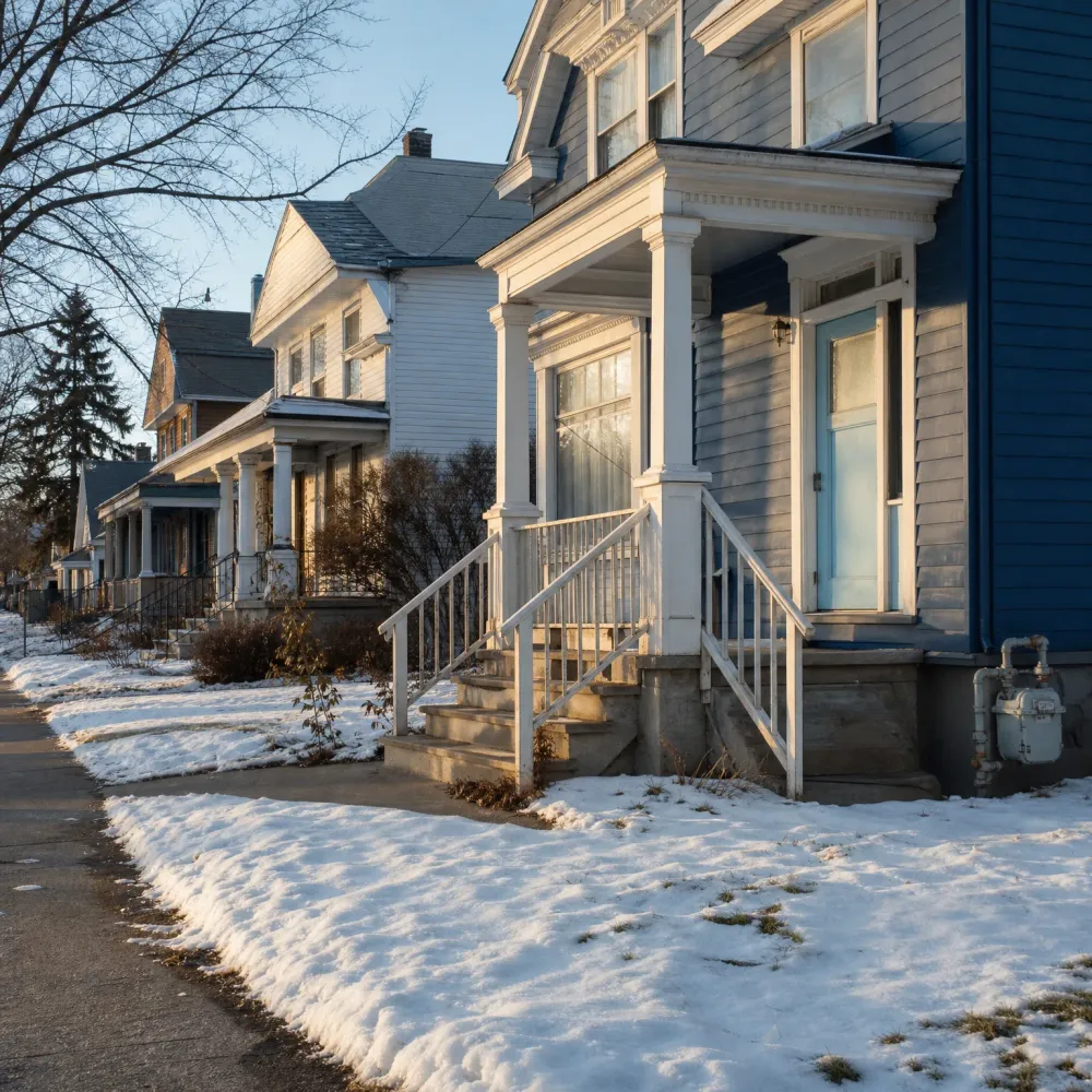 A row of wood-sided houses with covered front porches and white railings along a snow-covered yard and sidewalk in low sunlight.