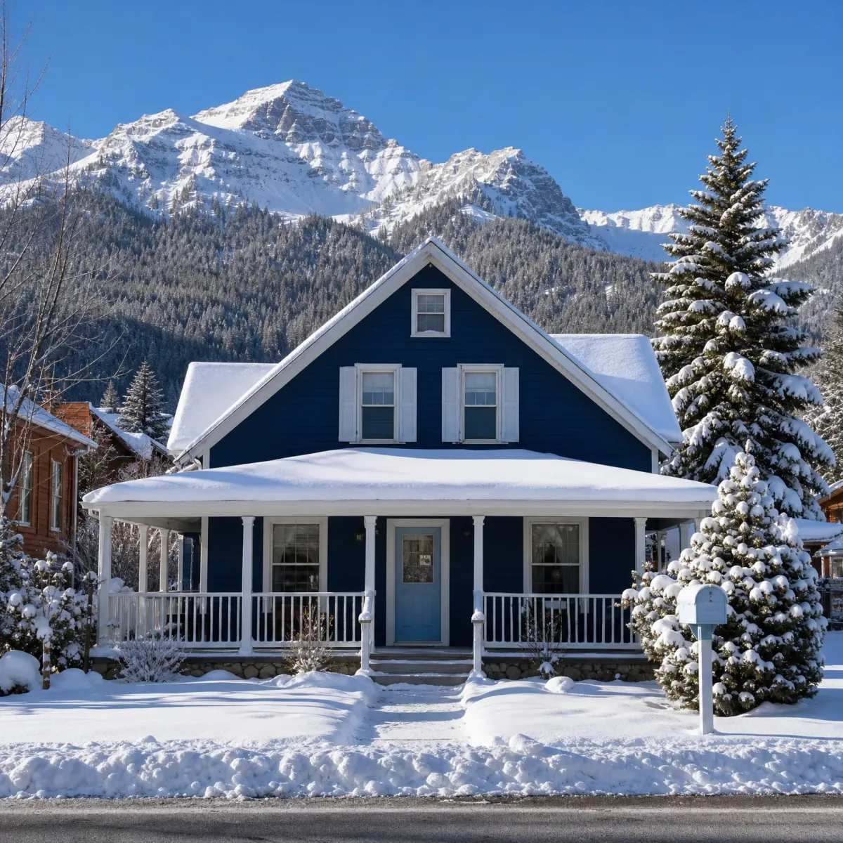 A dark blue two-story house with a white wraparound porch and snow-covered roof, surrounded by deep snow, snow-laden evergreen trees, and a white mailbox, with forested snowy mountains under a clear blue sky behind.