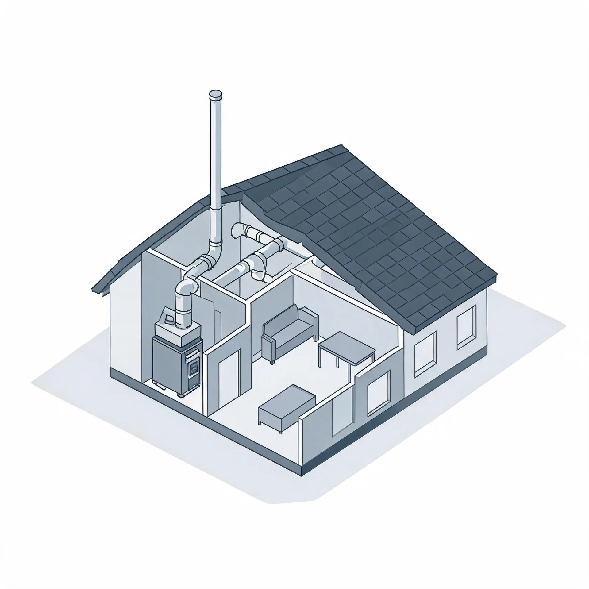 Isometric line illustration of a cutaway single-story house with a shingled roof, showing an interior furnace connected to ductwork and a tall vertical flue pipe, plus simple furniture in the adjacent room.
