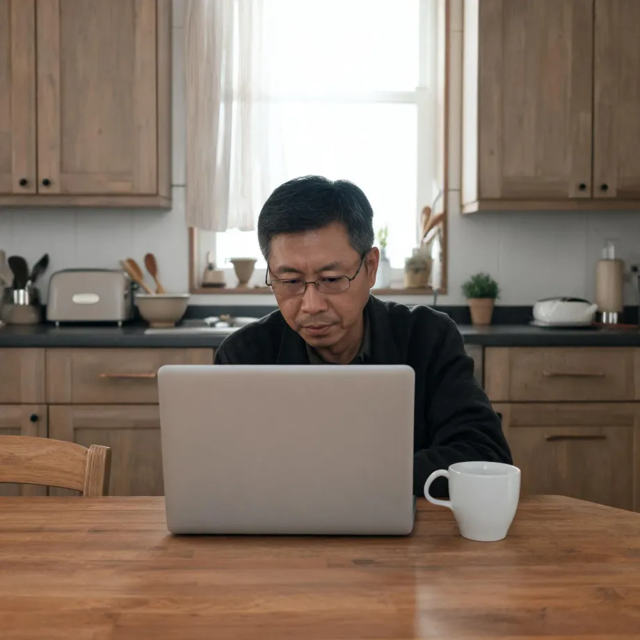A man with glasses in a dark sweater sits at a wooden table using a silver laptop, with a white mug beside him and wooden kitchen cabinets and a curtained window behind.