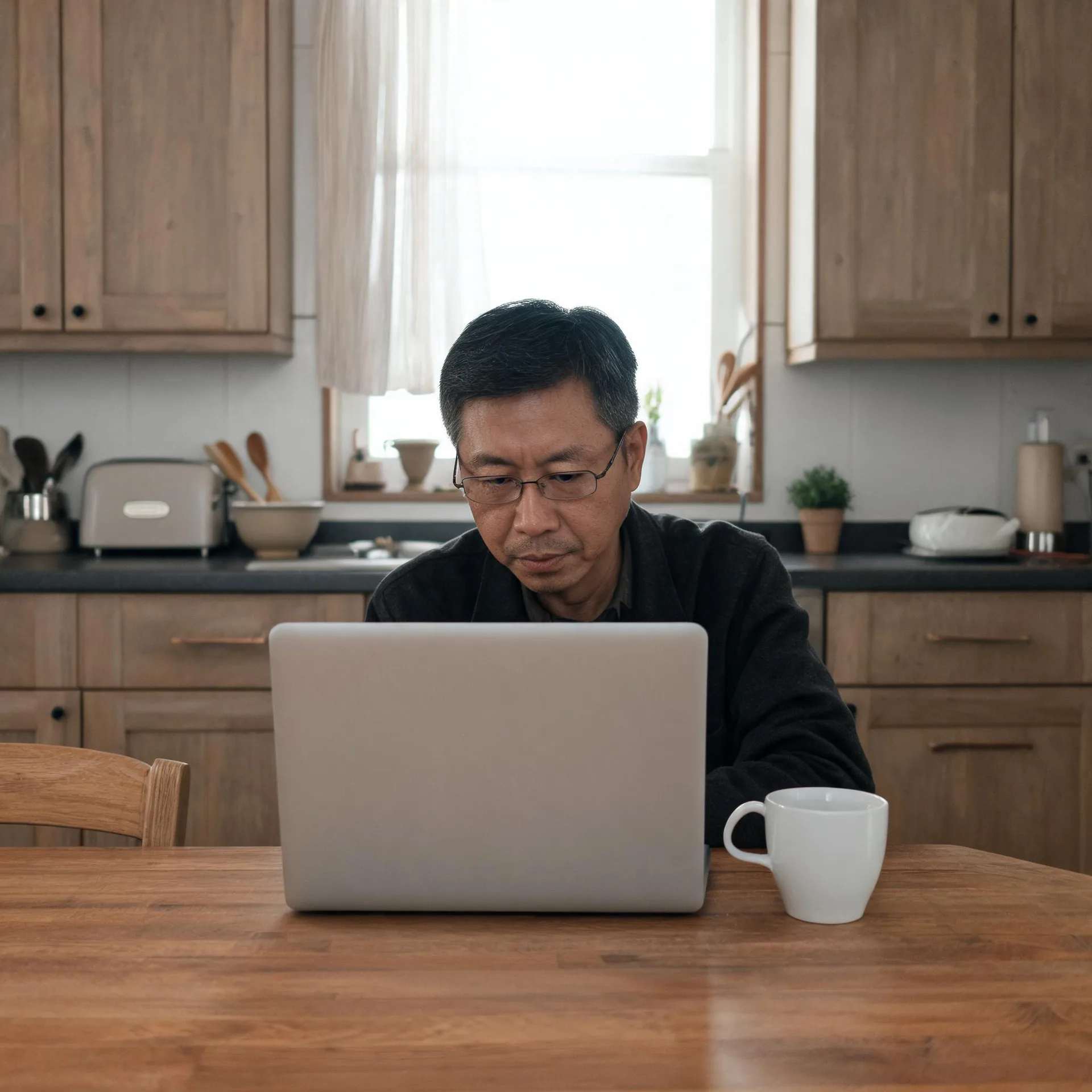A man with glasses in a dark sweater sits at a wooden table using a silver laptop, with a white mug beside him and wooden kitchen cabinets and a curtained window behind.