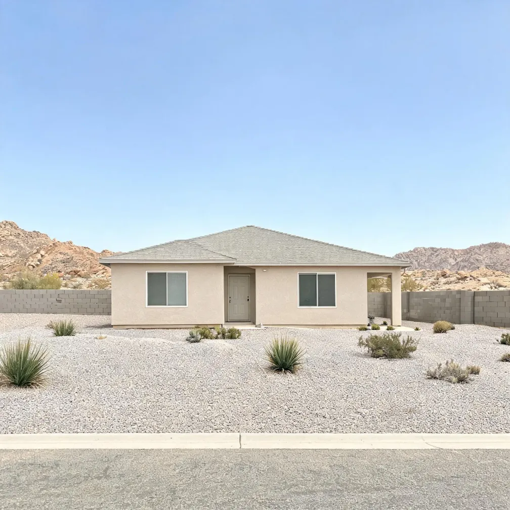 A single-story beige stucco house with a gray hipped shingle roof, two sliding windows and a light-colored front door, set on a gravel yard with agave and low desert shrubs, bordered by a concrete block wall with rocky hills behind.