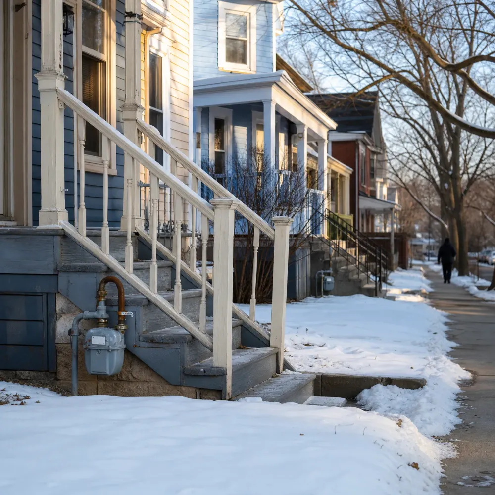A snow-covered residential street with wood-sided houses, a white-railed front staircase and exterior gas meter in the foreground, bare trees overhead, and a person walking along a cleared sidewalk in the distance.