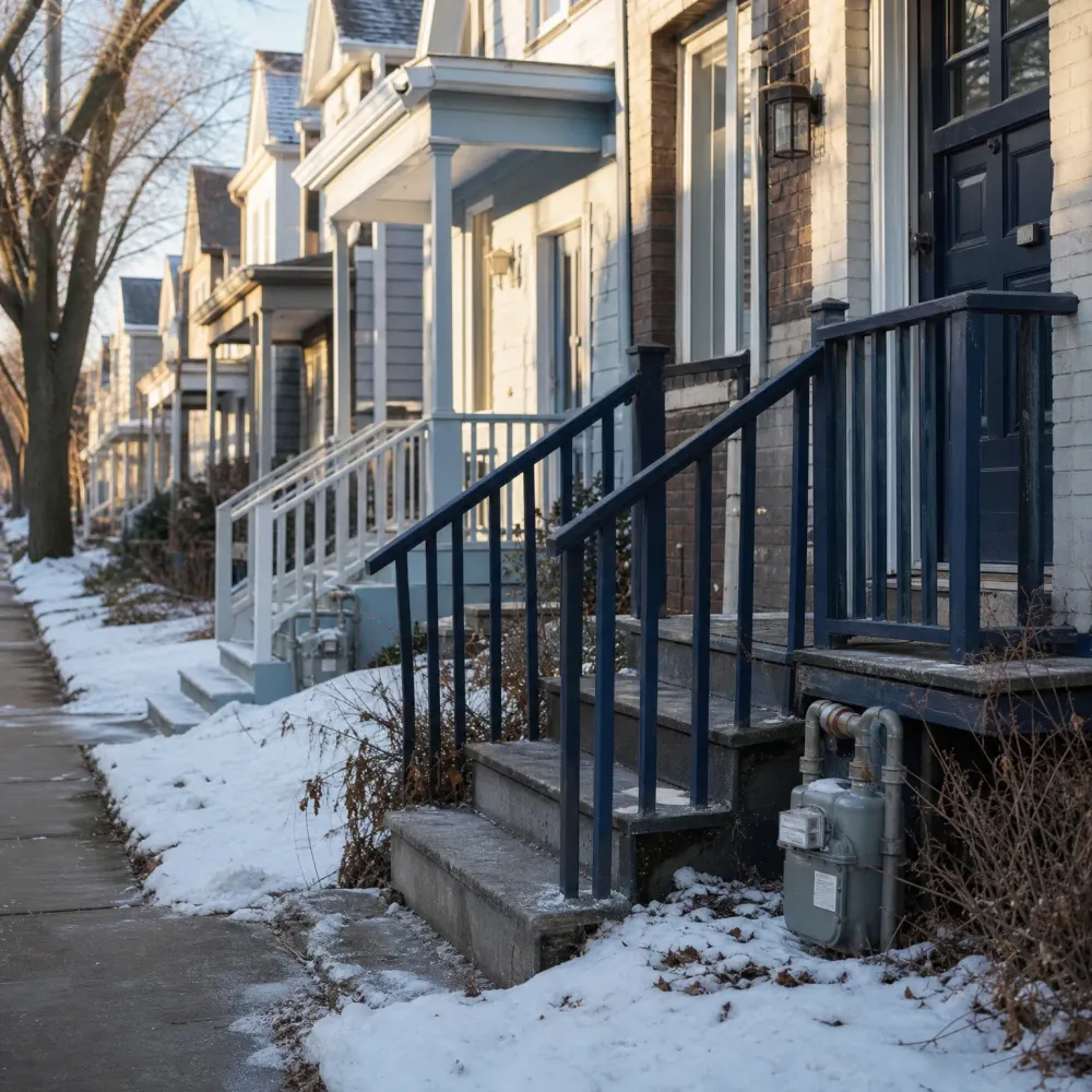 A row of attached houses along a snowy sidewalk, with concrete front steps, navy and white porch railings, brick and painted siding facades, and an exterior gas meter with piping at right.