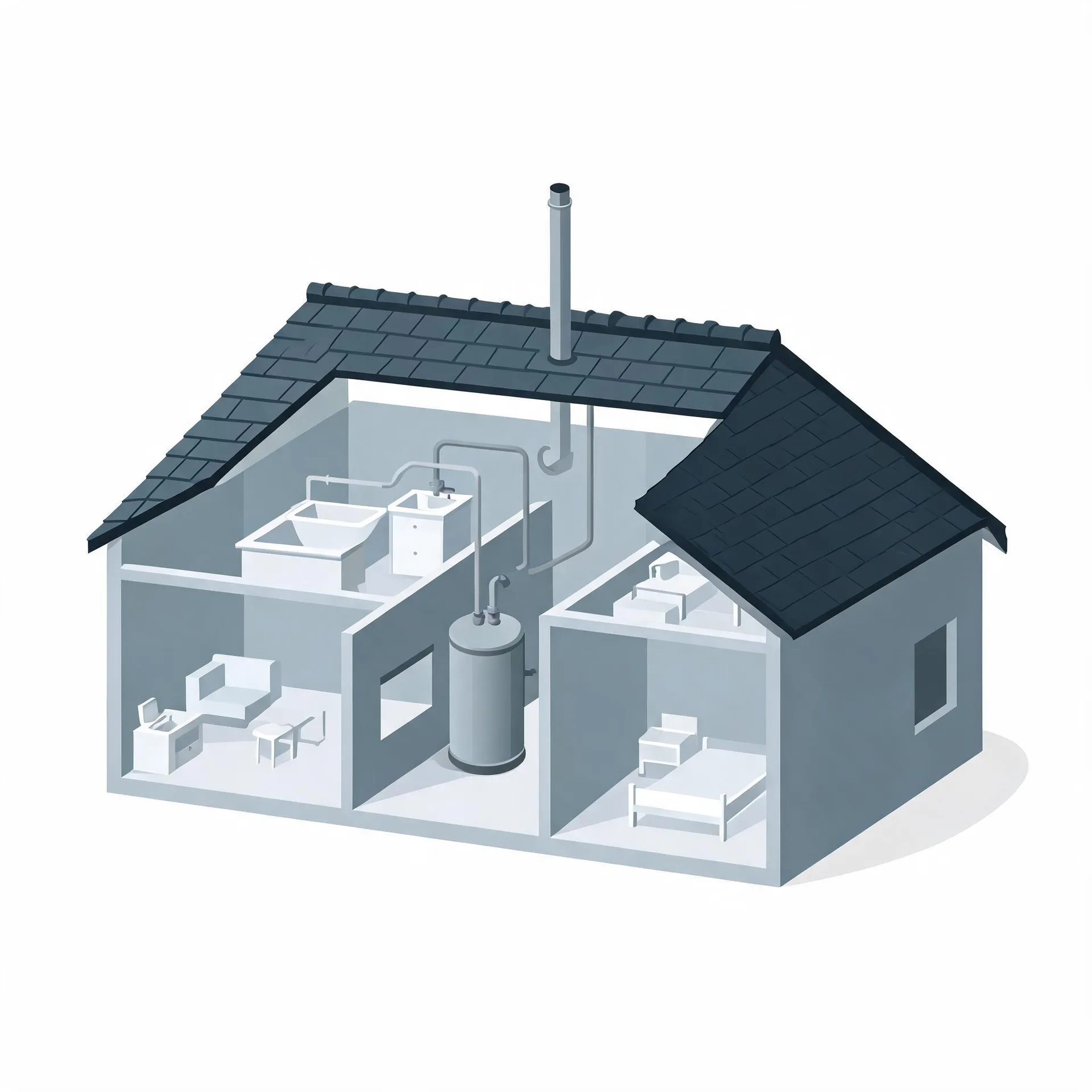 Isometric cutaway illustration of a single-story house with a dark shingled roof, showing interior rooms with furniture, a bathroom with tub and sink, and a cylindrical water heater connected to pipes and a vertical flue extending through the roof.