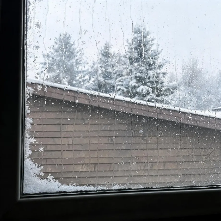 View through a wet, partly frosted window pane with water streaks and snowflakes, showing a neighboring building's roofline and horizontal siding with snow-covered evergreen trees behind it.