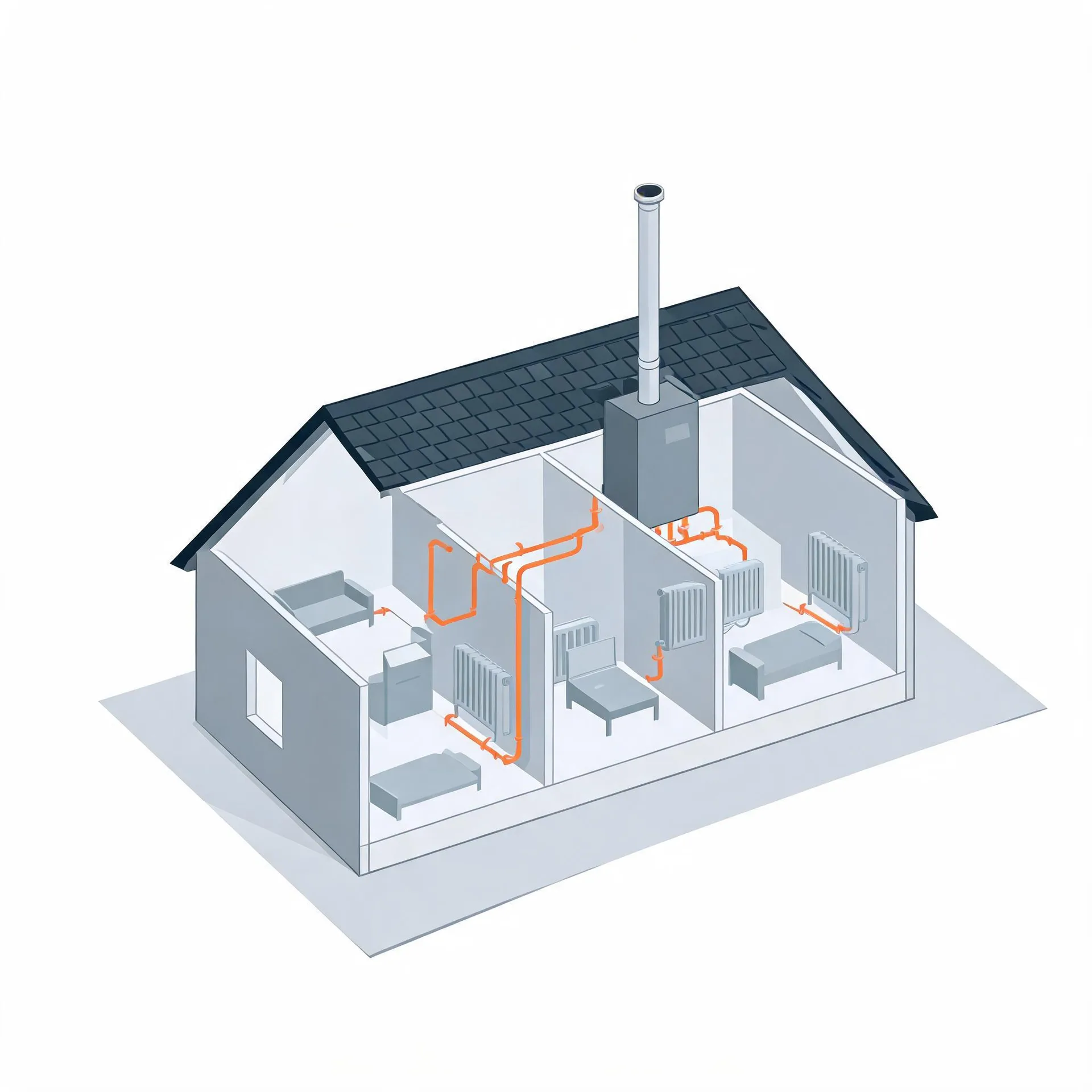 Isometric cutaway illustration of a single-story house showing a boiler with a flue pipe through the roof, orange heating pipes running through rooms to radiators, and simple grey furniture.
