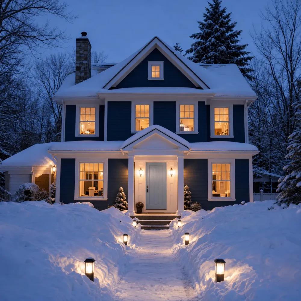 A two-story dark blue house with white trim and lit windows at dusk, with snow on the roof and ground and a shoveled path lined with small lanterns leading to the front door.