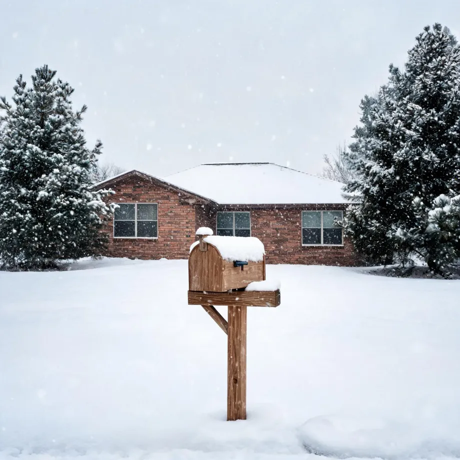 A snow-covered wooden mailbox on a post stands in a deep snowy yard in front of a single-story brick house flanked by snow-laden evergreen trees during falling snow.