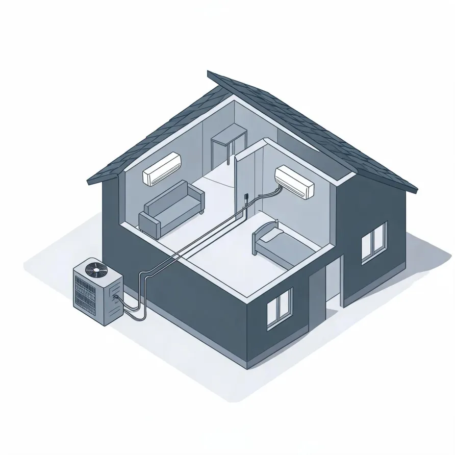 Isometric cutaway illustration of a small house showing two wall-mounted indoor air conditioning units connected by line sets to an outdoor condenser unit beside the exterior wall, with a sofa in one room and a bed in another.