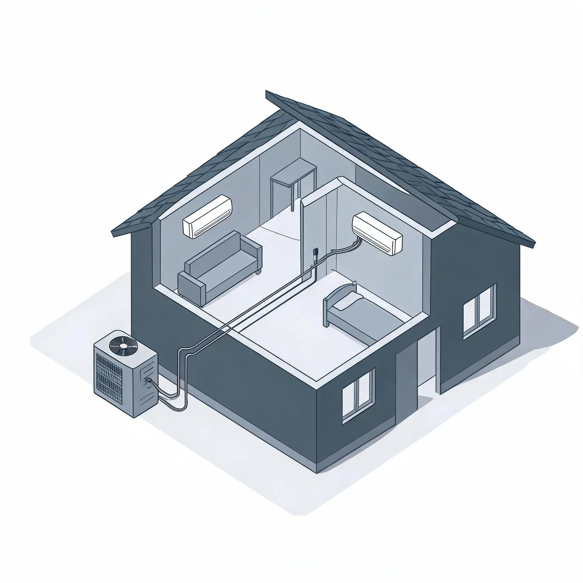 Isometric cutaway illustration of a small house showing two wall-mounted indoor air conditioning units connected by line sets to an outdoor condenser unit beside the exterior wall, with a sofa in one room and a bed in another.