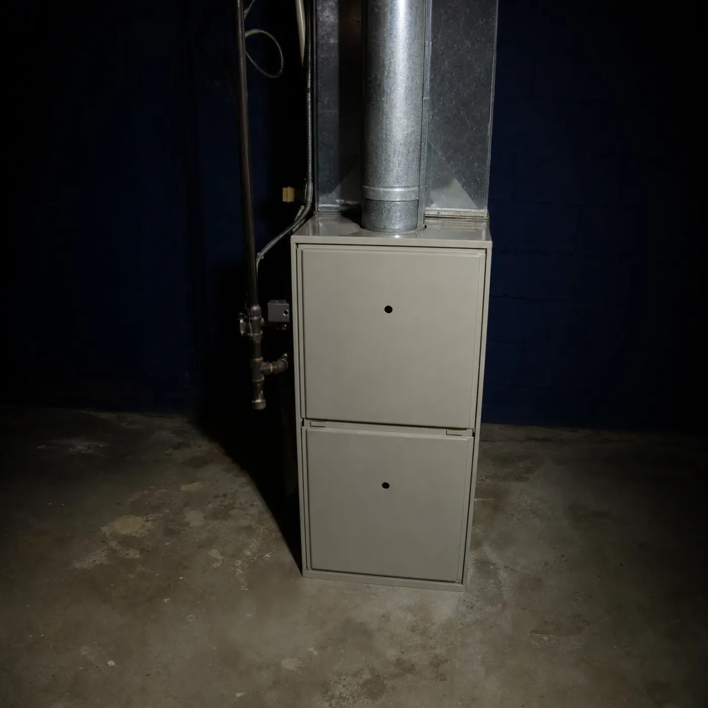 A beige two-panel furnace stands on a concrete basement floor against a dark blue wall, with galvanized ductwork and a flue pipe above it and metal gas piping to the left.
