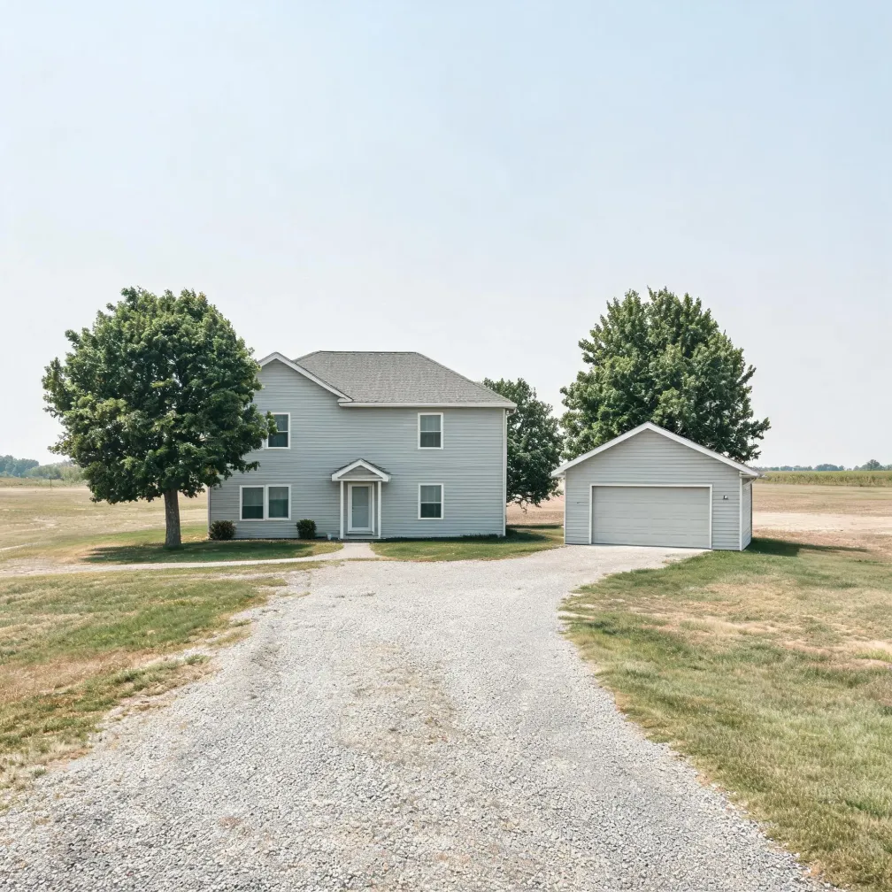 A two-story light gray house with a detached two-car garage at the end of a wide gravel driveway, flanked by two large deciduous trees and flat grassy fields under a pale sky.