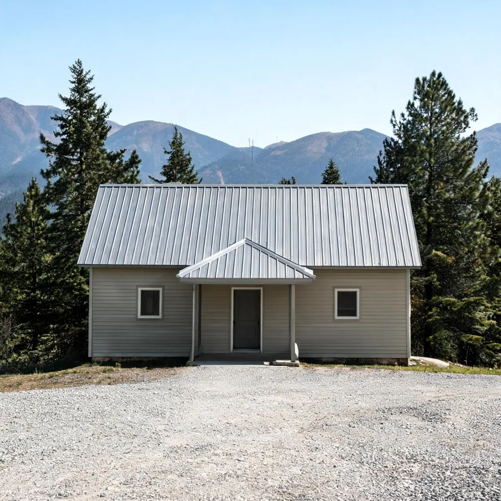 A single-story gray house with horizontal siding and a metal gable roof, small covered entry porch and two windows, set on a gravel lot with conifers and mountains behind it.