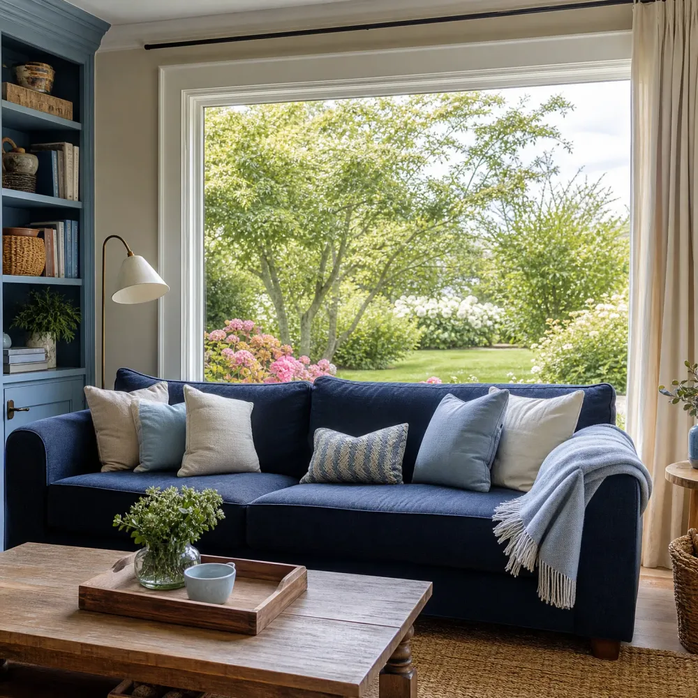 A living room with a navy sofa, light blue and cream cushions and a fringed throw, a wooden coffee table with a tray and potted greenery, blue built-in bookshelves, and a large window looking onto a garden with trees and flowering shrubs.