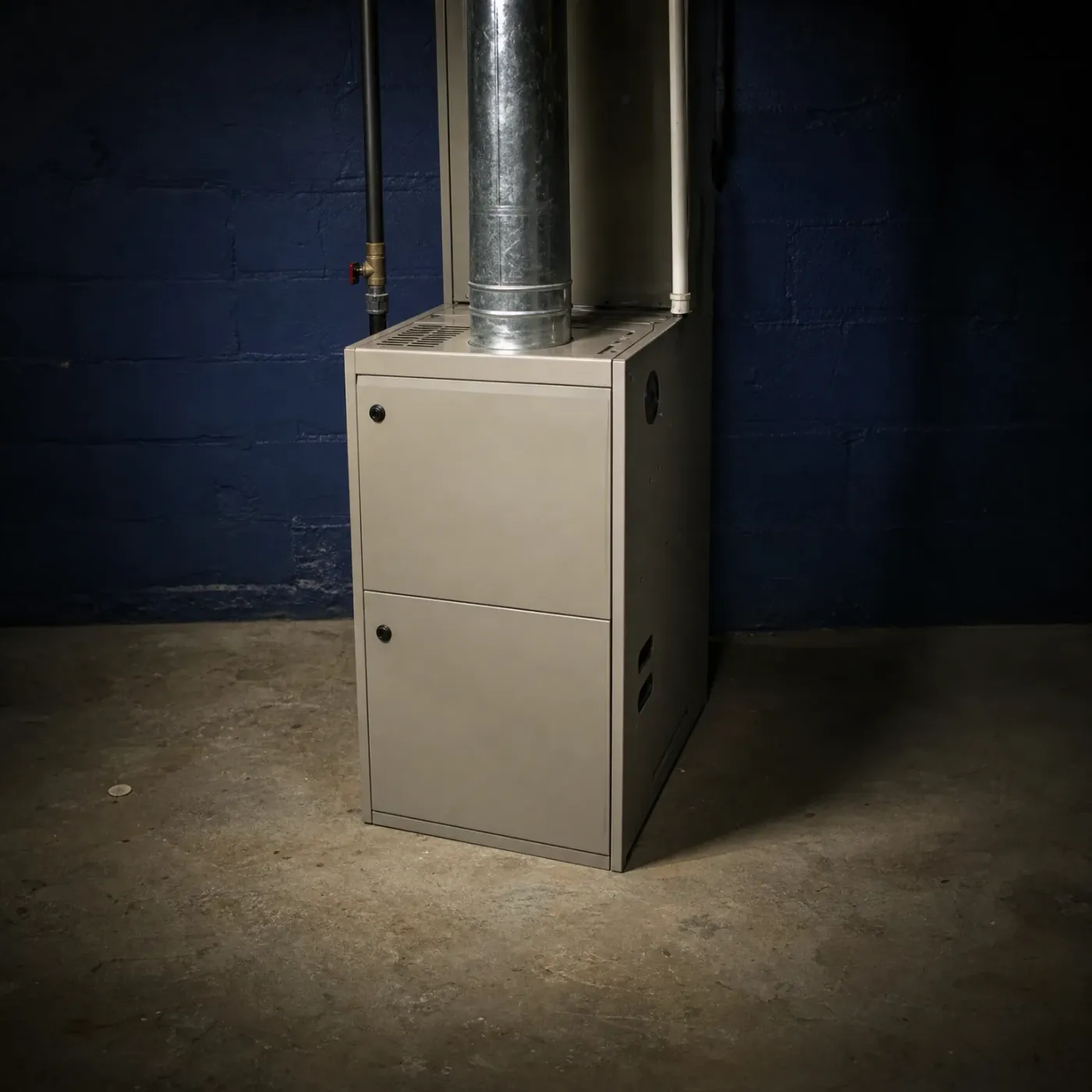 A beige metal furnace with two access panels stands on a concrete floor against a dark blue painted brick wall, with a metal flue pipe and a gas line running up from it.
