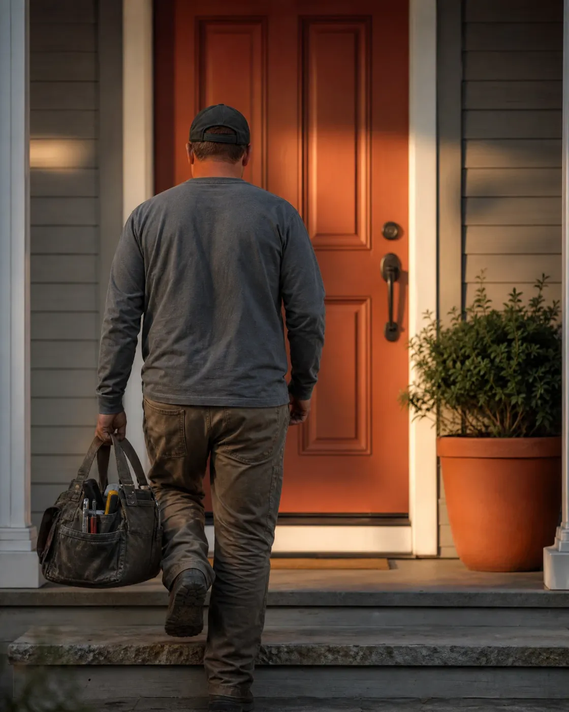 A man in a dark cap, gray long-sleeved shirt and brown work pants, carrying a canvas tool bag with pens and tools in its pockets, steps up onto a porch toward an orange-red paneled front door, with gray horizontal siding and a potted shrub in a terracotta planter to the right.