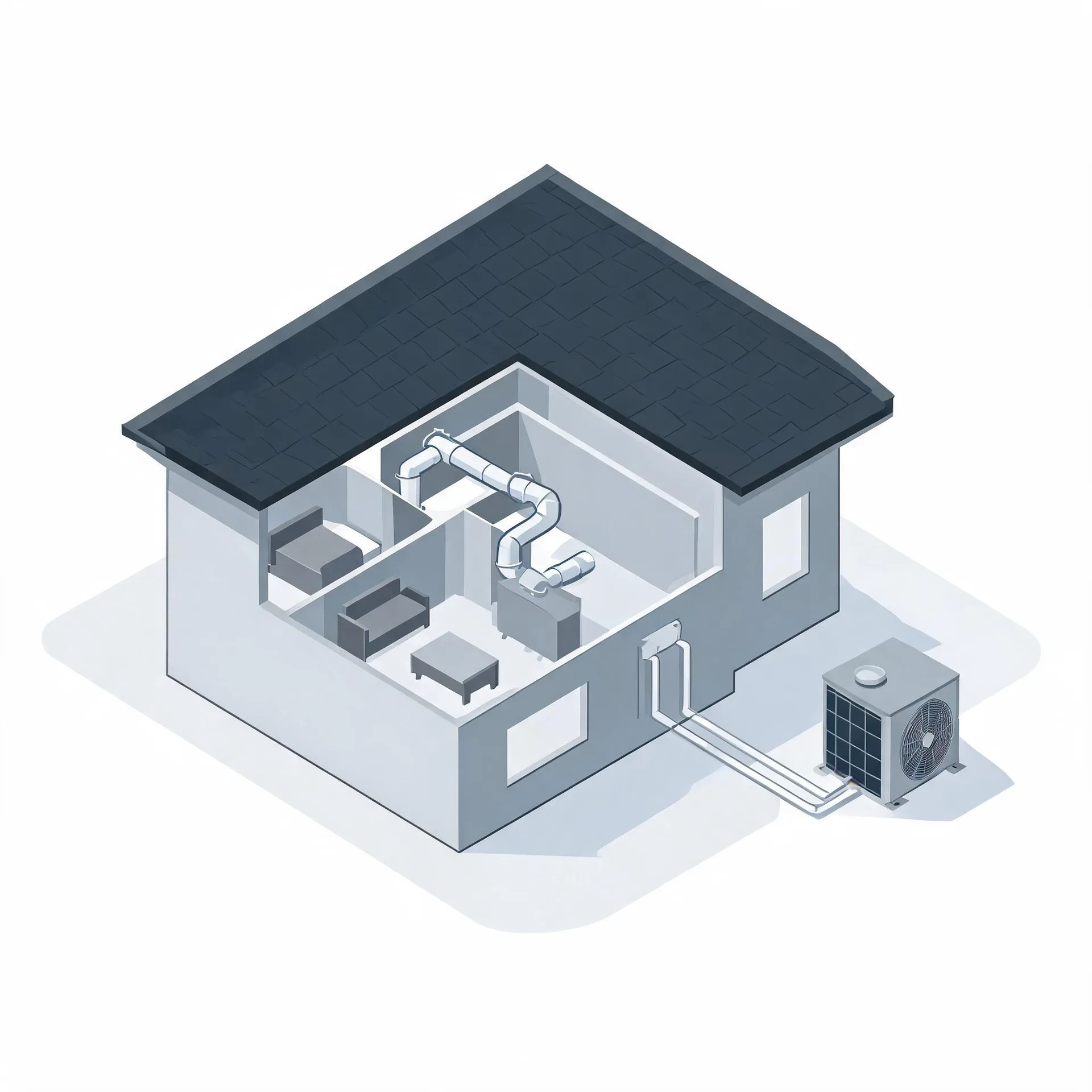 Isometric illustration of a cutaway single-story house showing interior ductwork, an indoor air handler and simple furniture, connected by lines to an outdoor condenser unit beside the building.