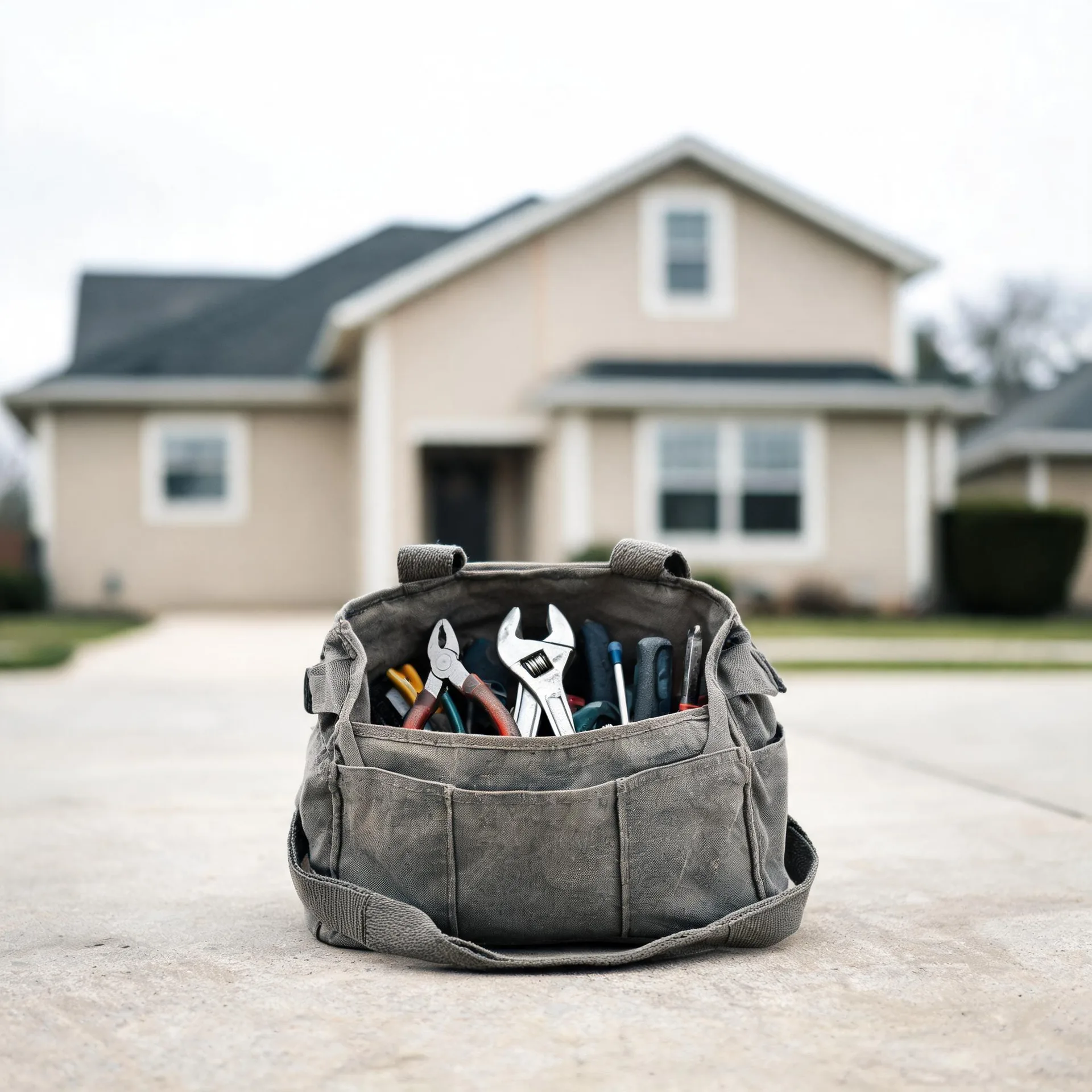 A gray canvas tool bag holding pliers, an adjustable wrench and screwdrivers sits on a concrete driveway in front of a blurred two-story beige house.