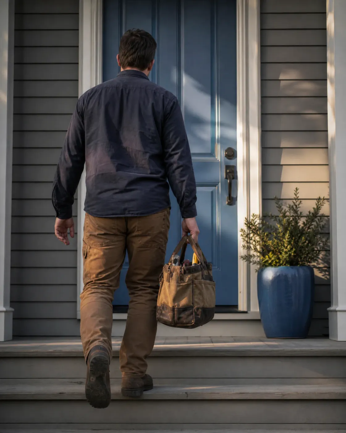 A man in a dark shirt and tan work pants, seen from behind, carries a canvas tool bag up wooden steps toward a blue front door of a gray clapboard house, with a shrub in a blue planter beside the door.