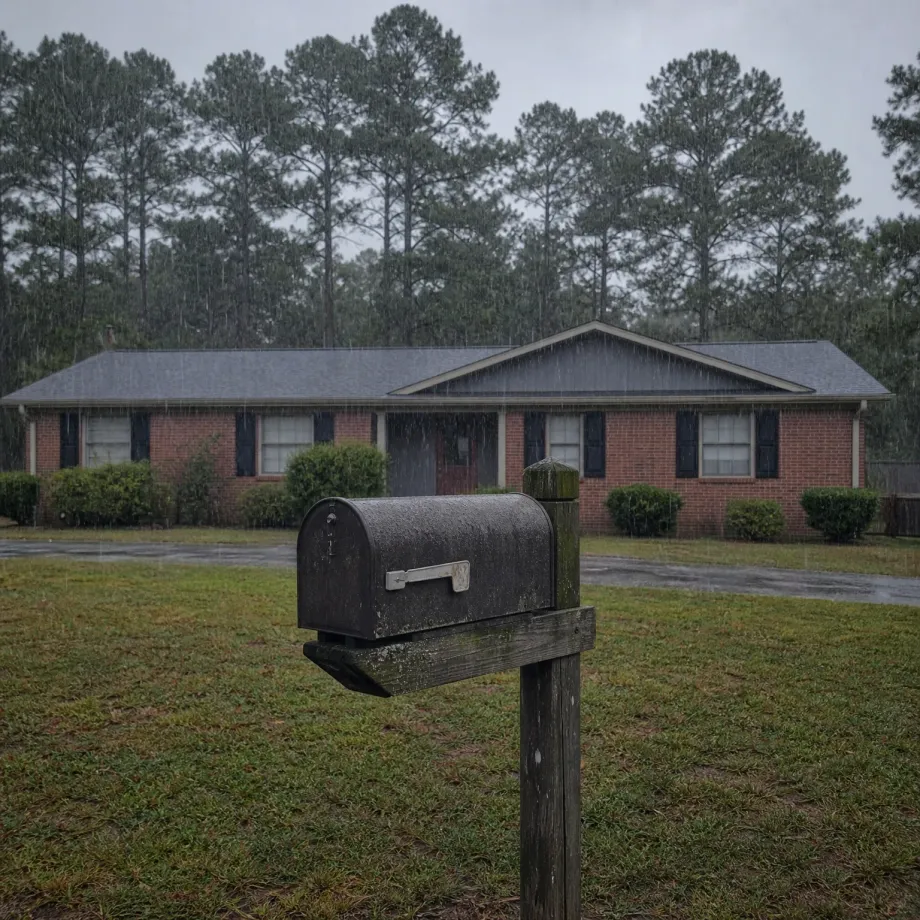 A weathered black mailbox on a wooden post stands in a grassy yard during rain, with a single-story brick ranch house with dark shutters and pine trees behind it.