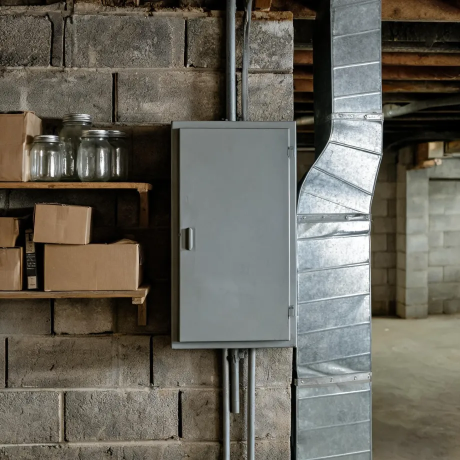 A gray electrical panel box mounted on a concrete block basement wall beside galvanized sheet-metal ductwork, with cardboard boxes and glass canning jars on wooden shelves to the left and conduit running down the wall.