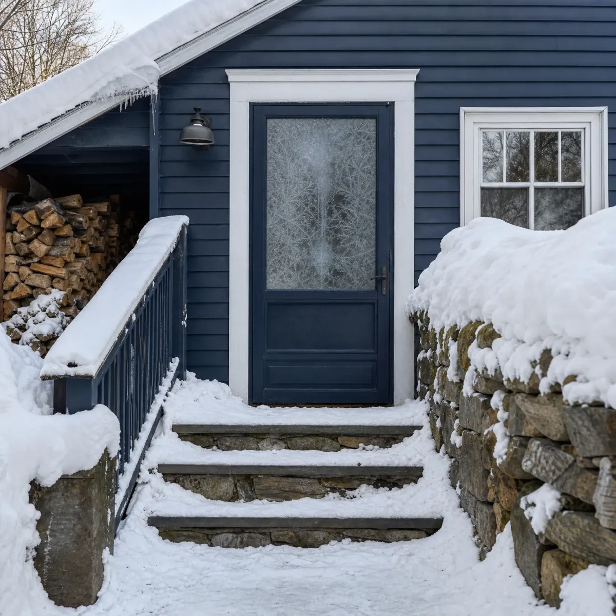 Snow-covered stone steps lead to a frosted-glass door on a dark blue clapboard house, flanked by a snow-topped dry stone wall, a metal railing, and a stacked woodpile under an adjoining roof.