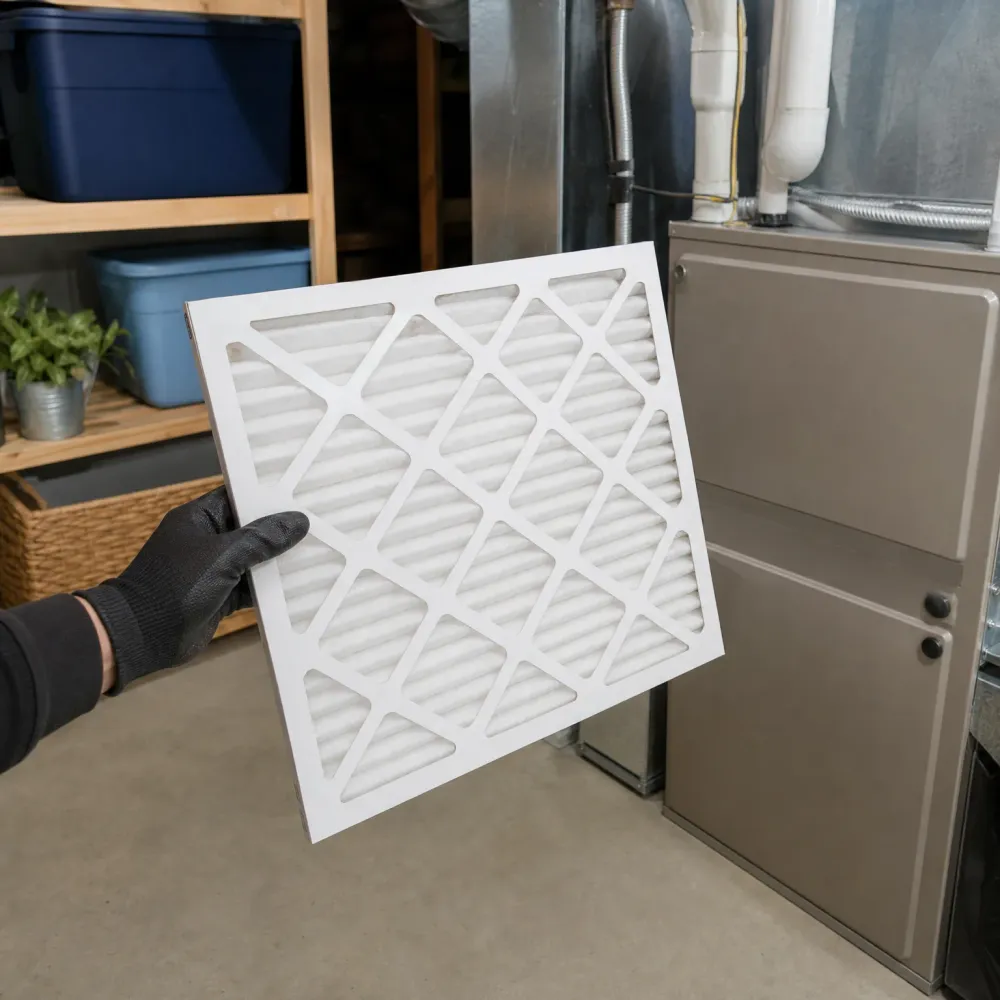 A gloved hand holds a white pleated air filter in front of a furnace and ductwork, with wooden shelving holding storage bins and a potted plant in the background.