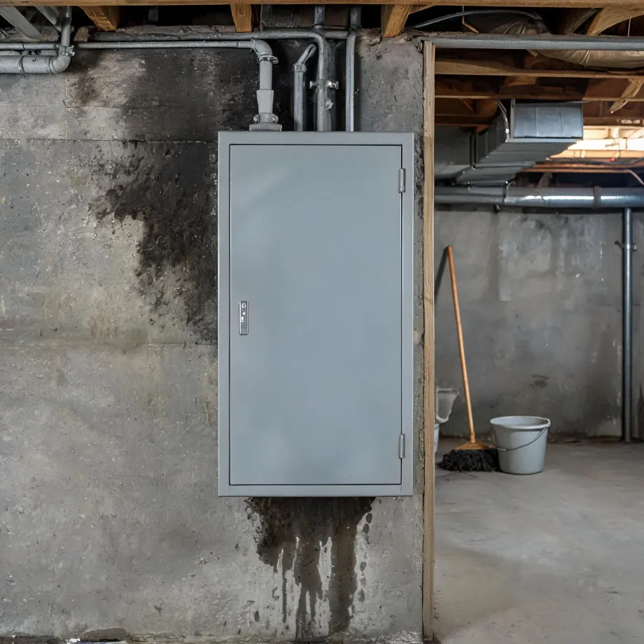 A gray metal electrical panel cabinet mounted on a stained concrete basement wall, with pipes and wooden joists overhead and a mop and bucket in the adjoining room.