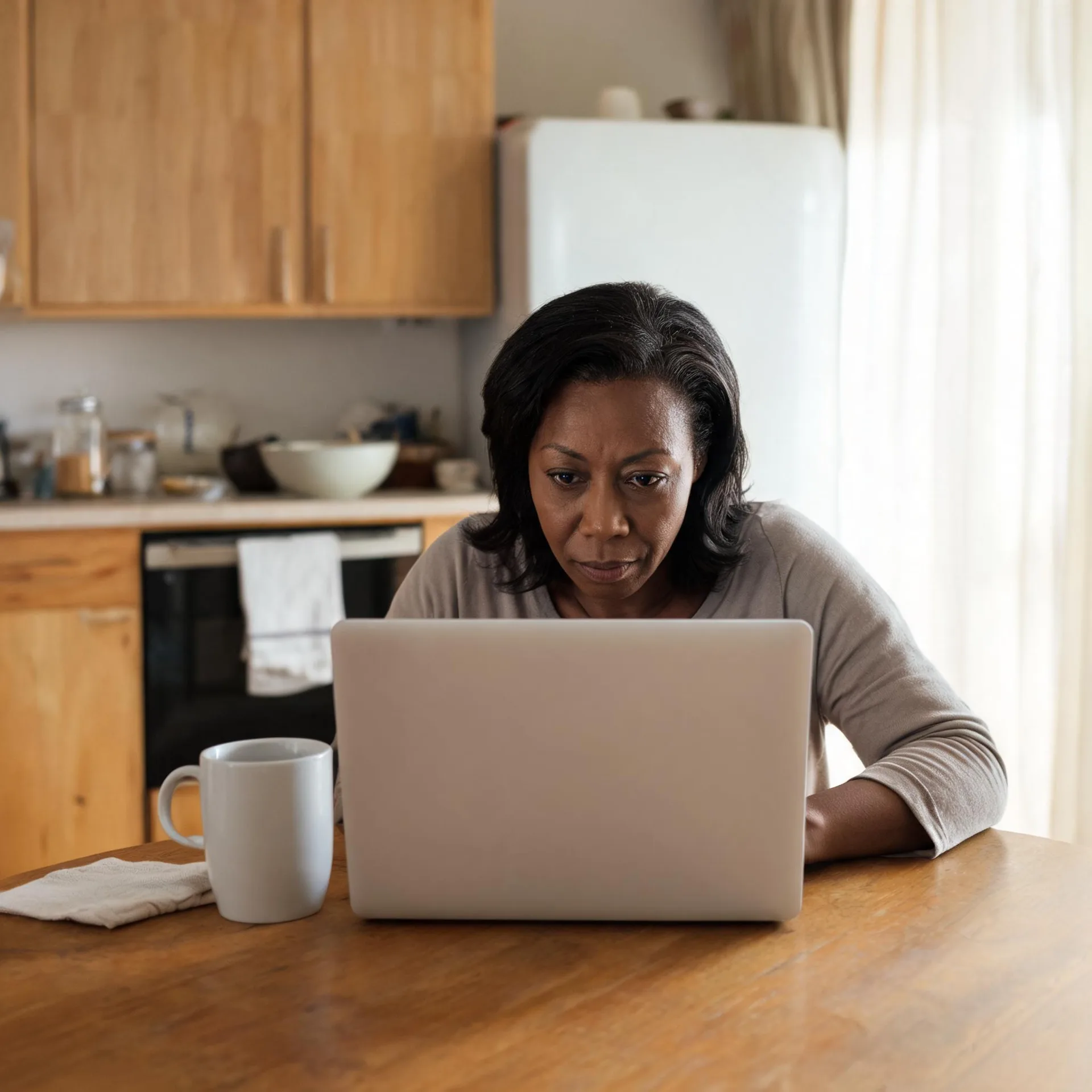 A woman in a grey long-sleeved top sits at a wooden table in a kitchen, looking at an open laptop with a white mug and cloth beside her.
